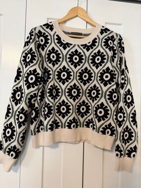 Adrianna Papell Cream, Black & Green Patterned Crewneck Sweater